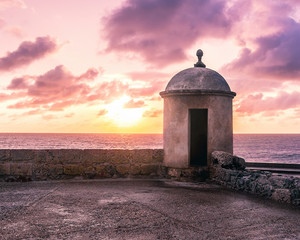 Purple Sunset over Defensive Wall - Cartagena de Indias, Colombia - obrazy, fototapety, plakaty