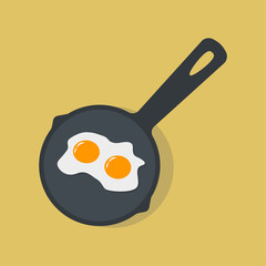 Fried egg on pan, dish for breakfast, lunch. Meal with yolk. Top view. Vector cartoon design
