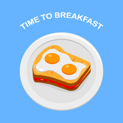 Fried egg with bread on plate for breakfast, lunch. Meal with yolk. Top view. Vector cartoon design