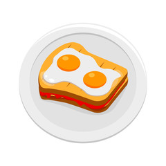 Fried egg with bread on plate for breakfast, lunch. Meal with yolk. Top view. Vector cartoon design