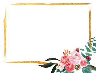 Wedding bridal watercolor frame, red and pink and green flowers wreath ornament