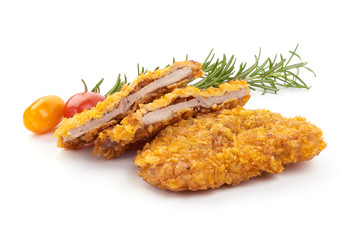 Homemade breaded pork schnitzel, close-up, isolated on white background
