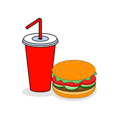 Hamburger and Soda isolated on background. Burger with meat and cheese, salad and cola. Fastfood, Junk fat meal. American street food. Vector flat illustration.