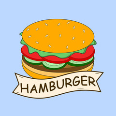 Burger sandwich isolated on white background. Fast food menu. Hamburger with beef, cheese. Vector cartoon design