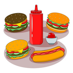 Burger sandwich isolated on white background. Fast food menu. Hamburger with beef, cheese, hot dog, ketchup. Vector cartoon design