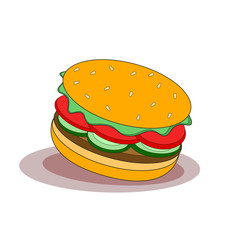 Burger sandwich isolated on white background. Fast food menu. Hamburger with beef, cheese. Vector cartoon design