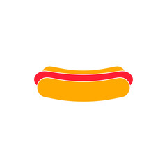 Hot dog isolated on white background. Sausage with bread, ketchup, mustard. Fast food concept. Vector cartoon design
