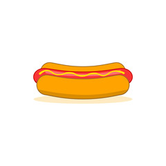 Hot dog isolated on white background. Sausage with bread, ketchup, mustard. Fast food concept. Vector cartoon design