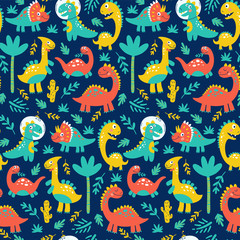 Obraz na płótnie Canvas Seamless pattern with cute dinosaurs for children print. Vector