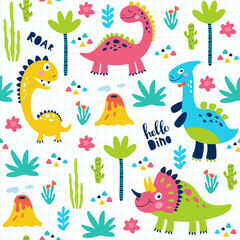 Seamless pattern with cute dinosaurs for children print. Vector