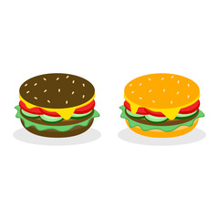Burger sandwich isolated on white background. Fast food menu. Hamburger with beef, cheese. Vector cartoon design