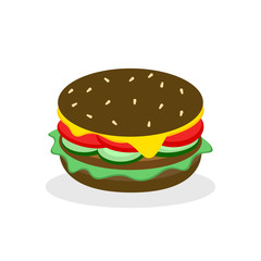 Burger sandwich isolated on white background. Fast food menu. Hamburger with beef, cheese. Vector cartoon design