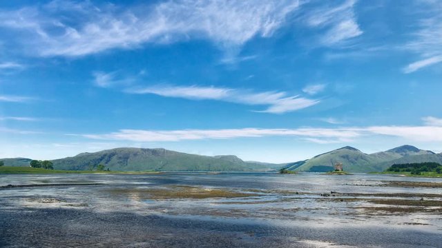 Medieval Stalker Castle on small island in amazing landscape in loch linnhe argyll in the scottish highlands