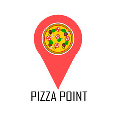 Hot pizza with tomato, cheese isolated on white background. Logotype for pizzeria house. Cafe point. Food badge. Vector cartoon design