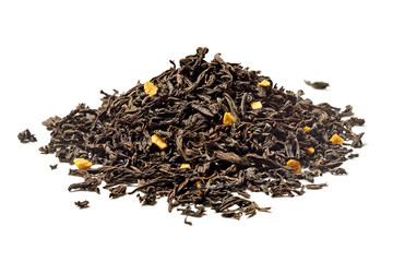 Heap of black tea with passion fruit pieces on white background. Close up. High resolution.