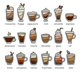 Different types of coffee drinks.