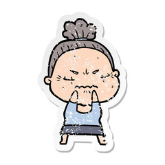 distressed sticker of a cartoon annoyed old lady