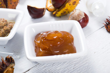 medicine cream, ground conkers tincture with alcohol and sliced seeds from horse chestnuts, on white wooden table