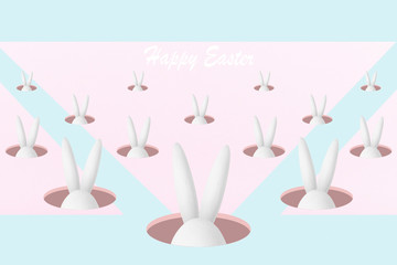 illustration of Easter Bunny pops out of the hole, image with the inscription Happy Easter on pastel pink and blue background.