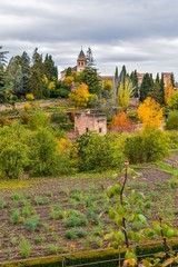 The high protective walls of a castle in southern Spain during the Fall or Autumn, with red and yellow leaves poking at it from all sides.