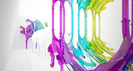 Abstract white and colored gradient glasses gothic interior. 3D illustration and rendering.