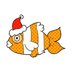 comic book style illustration of a exotic fish wearing santa hat