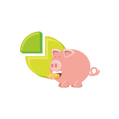 saving piggy with money and statistic graphic