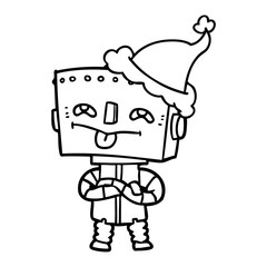 line drawing of a robot wearing santa hat