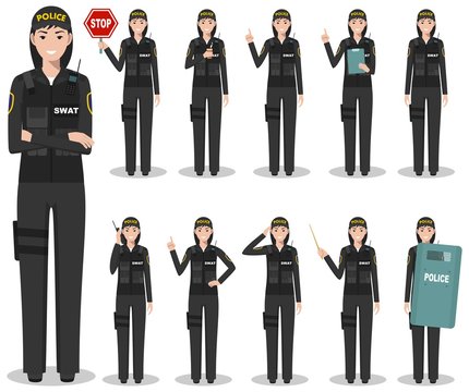 Police people concept. Detailed illustration of american policewoman, sheriff, SWAT officer standing in different poses in flat style isolated on white background. Vector illustration.