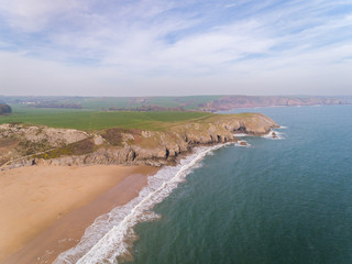 Aerial view of the stunning beach at Barafundle Bay on the Pembrokeshire coast of South Wales UK Europe