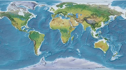 Angola area presented against the global topographic map in the Patterson Cylindrical projection with animated oblique transformation