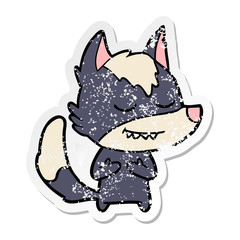 distressed sticker of a friendly cartoon wolf
