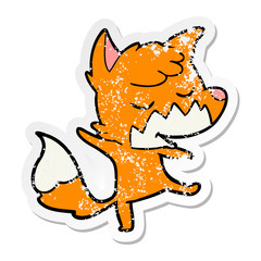 distressed sticker of a friendly cartoon fox