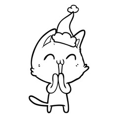 happy line drawing of a cat wearing santa hat