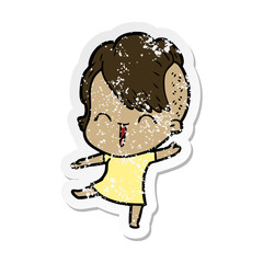distressed sticker of a cartoon happy hipster girl