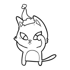 confused line drawing of a cat wearing santa hat