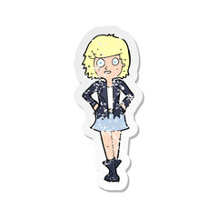 retro distressed sticker of a cartoon girl in jacket
