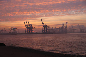 Fototapeta na wymiar Sonnenaufgang über dem Hamburger Hafen