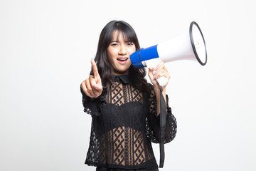 Beautiful young Asian woman announce with megaphone.