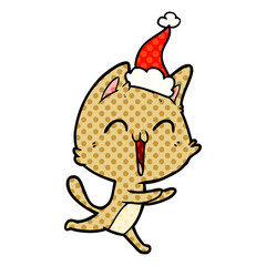 happy comic book style illustration of a cat meowing wearing santa hat