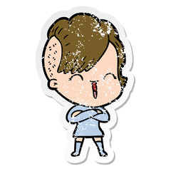 distressed sticker of a cartoon happy hipster girl