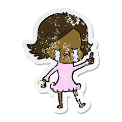 distressed sticker of a cartoon girl crying
