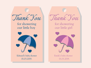 Two baby shower tags for a boy and for a girl. Thank you tags with umbrellas and hearts.