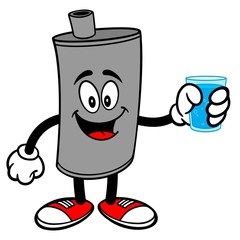 Car Muffler Mascot with Water - A vector cartoon illustration of a car muffler mascot holding a glass of water.