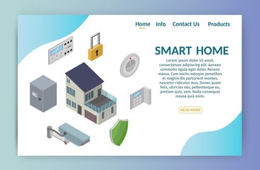 Isometric smart home security set elements of technology system alarm banner vector.