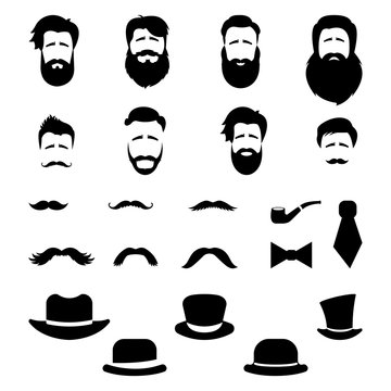 Retro, vintage gentleman set. A collection of diverse male faces, hats and mustaches. Vector