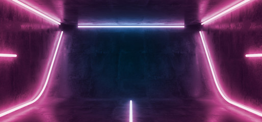 Neon Glowing Laser Sci Fi Futuristic Stage Show Dance Room Purple Blue Ultraviolet Pink Grunge Concrete Reflections Empty Dark Space Room 3D Rendering