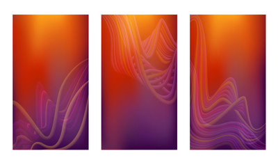Set of vertical abstract color backgrounds with futuristic line pattern. Screen wallpaper template is vibrant orange to purple gradient. Vector illustration.