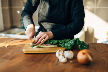 Female chef chopping raw vegetables on a wooden board