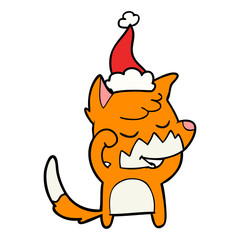 friendly line drawing of a fox waking up wearing santa hat